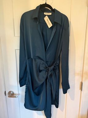 Impressions Deep Teal Satin Tie-Waist Shirt Dress
